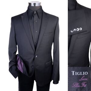 Tiglio Luxe MERINOS 150's Wool Solid Black Blazer Sport Suit Jacket 42S EUC